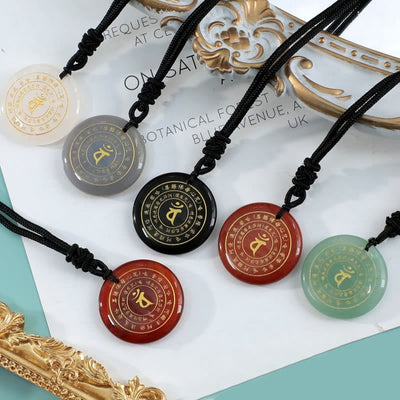 Foviel Vairocana Tathagata Sanskrit Mantra Various Crystal Black Obsidian Green Aventurine Strength Necklace Pendant