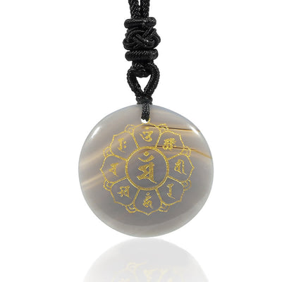 Pendentif collier de force en obsidienne noire avec divers cristaux naturels Foviel Om Mani Padme Hum