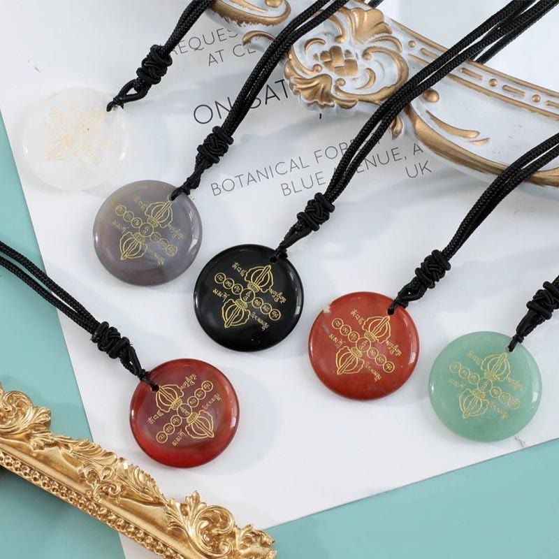 Foviel Vajra Dorje Sanskrit Muster Natürlich Verschiedene Kristall schwarzer Obsidian Fulfilment Halskette Anhänger
