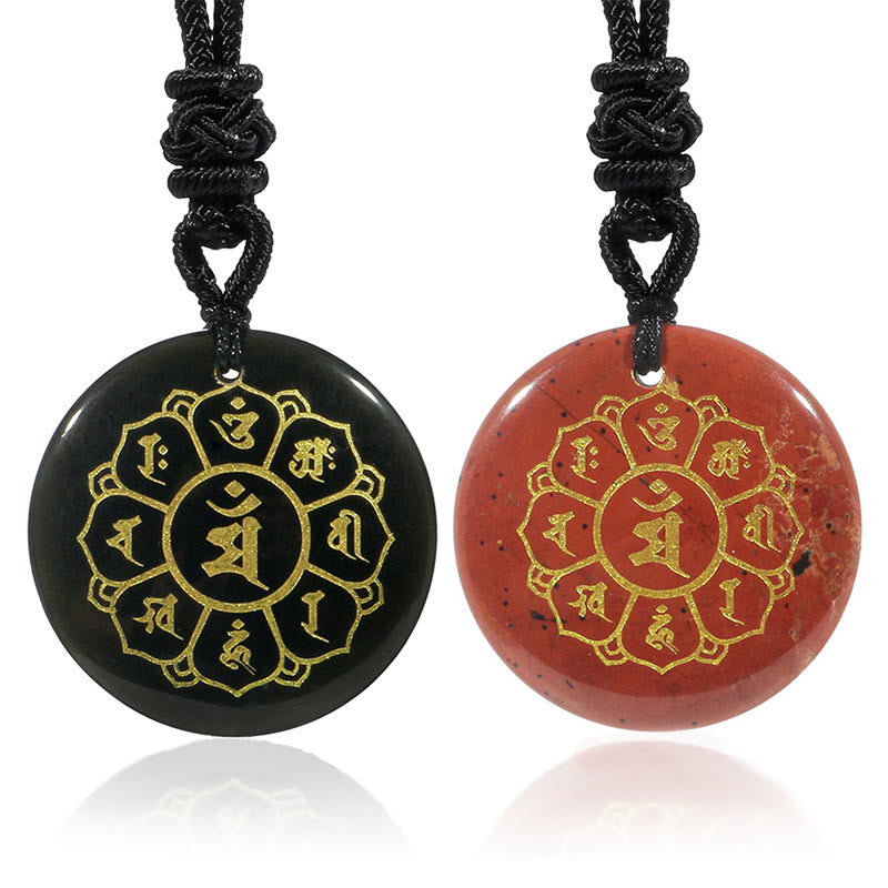 Pendentif collier de force en obsidienne noire avec divers cristaux naturels Foviel Om Mani Padme Hum