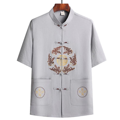 Buddha Stones Fu Character Tang Suit Hanfu Traditional Uniform Short Sleeve Top Pants Clothing Men's Set - image 6