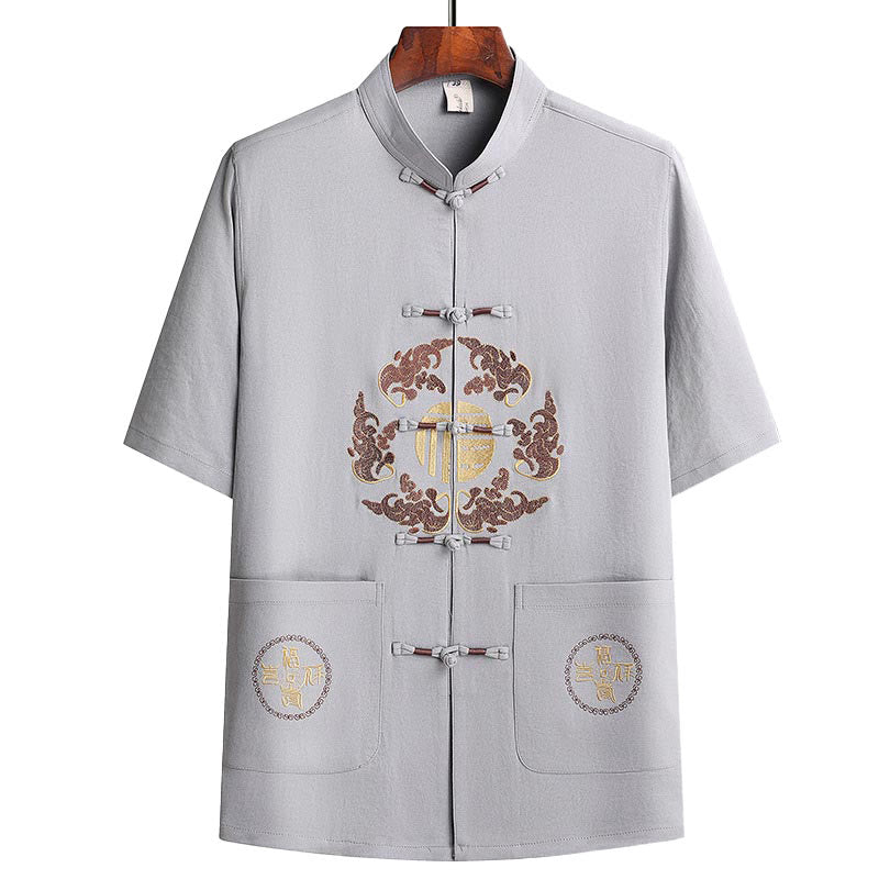 Buddha Stones Fu Character Tang Suit Hanfu Traditional Uniform Short Sleeve Top Pants Clothing Men's Set - image 6