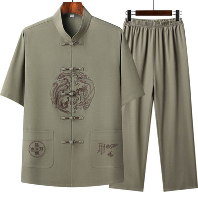 Ensemble pour homme Foviel, style dragon Fu, tenue Tang traditionnelle avec chemise à manches courtes et pantalon large