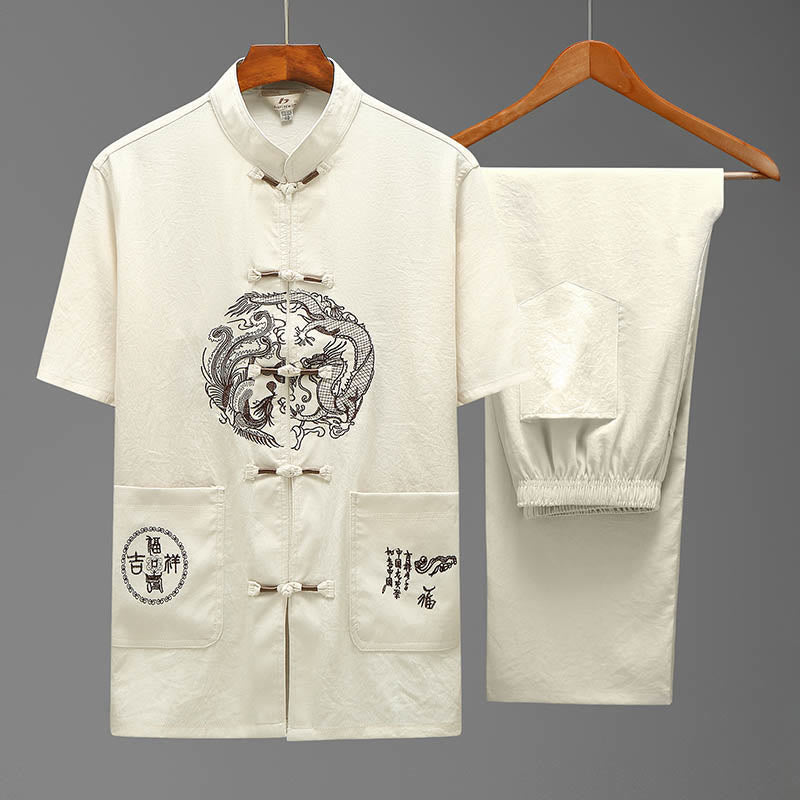 Foviel Drache Fu Charakter Tang Anzug traditionelle Kurzarm Hemd weites Bein Hose Bekleidung Herren Set