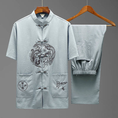 Ensemble pour homme Foviel, style dragon Fu, tenue Tang traditionnelle avec chemise à manches courtes et pantalon large