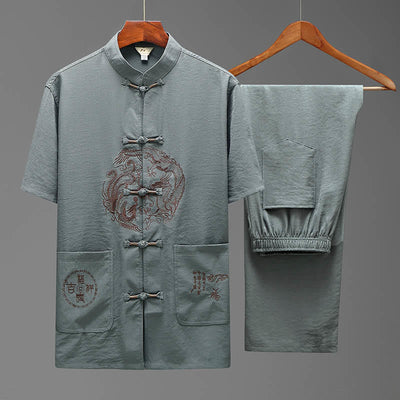 Ensemble pour homme Foviel, style dragon Fu, tenue Tang traditionnelle avec chemise à manches courtes et pantalon large