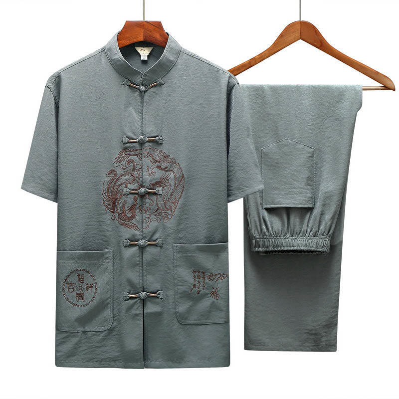 Ensemble pour homme Foviel, style dragon Fu, tenue Tang traditionnelle avec chemise à manches courtes et pantalon large