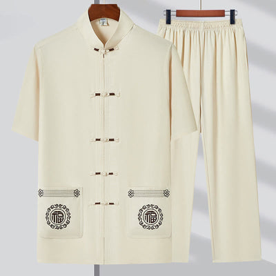 Buddha Stones Fu Character Embroidery Tang Suit Traditional Frog-Button Short Sleeve Top Pants Clothing Men's Set - Beige(Top&Pants) - US/UK/AU44，EU54 (4XL) - image 2