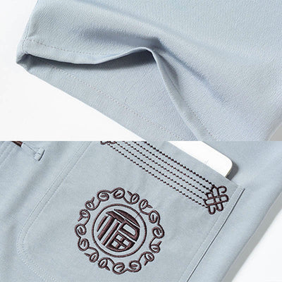 Buddha Stones Fu Character Embroidery Tang Suit Traditional Frog-Button Short Sleeve Top Pants Clothing Men's Set - image 8