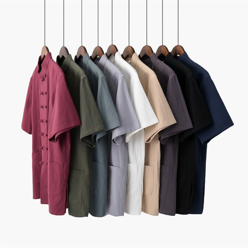 Foviel einfarbig Color Frog-Button Tang Anzug traditionelle Baumwolle Leinen Kurzarm Top Hose Bekleidung Herren-Set