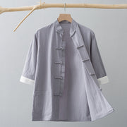 Foviel Frog-Button Chinese Tang Suit Half Sleeve Shirt Cotton Men Clothing With Pockets