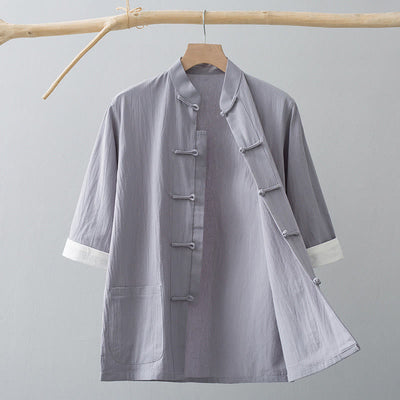 Foviel Frog-Button Chinese Tang Suit Half Sleeve Shirt Cotton Men Clothing With Pockets