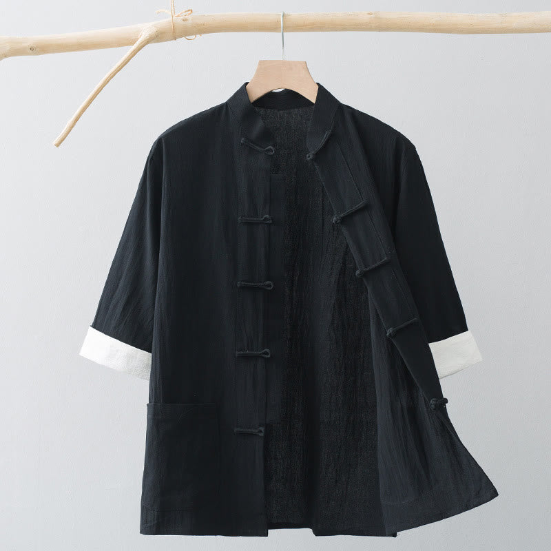 Foviel Frog-Button Chinese Tang Suit Half Sleeve Shirt Cotton Men Clothing With Pockets