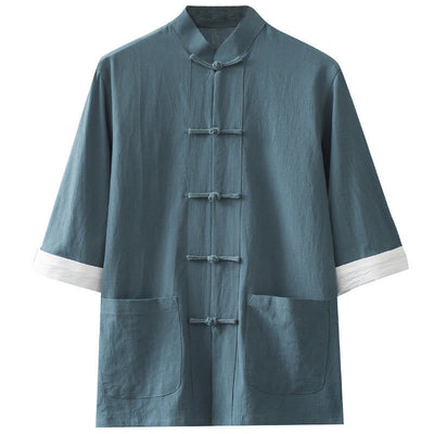 Foviel Frog-Button Chinese Tang Suit Half Sleeve Shirt Cotton Men Clothing With Pockets
