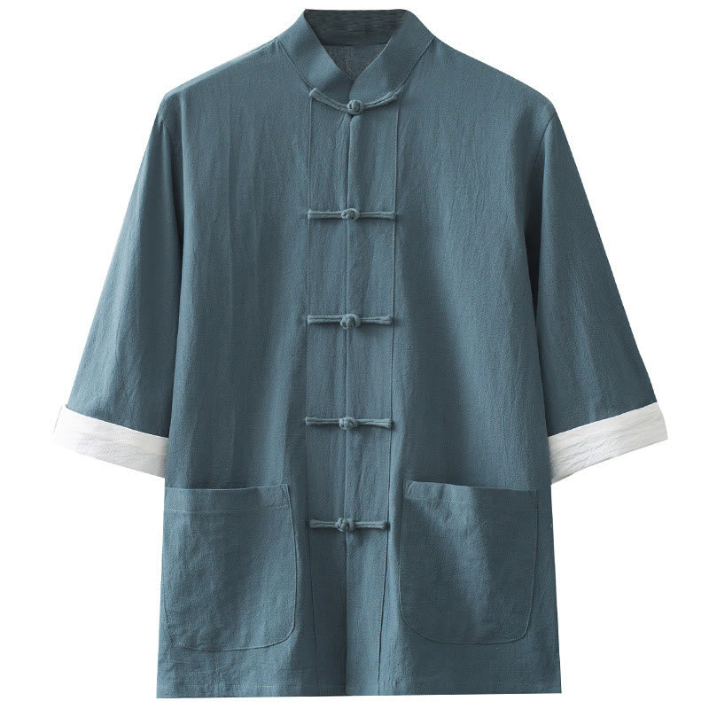 Foviel Frog-Button Chinese Tang Suit Half Sleeve Shirt Cotton Men Clothing With Pockets