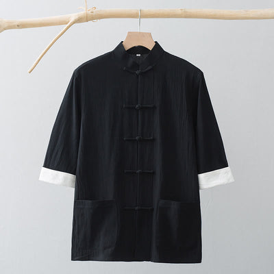 Foviel Frog-Button Chinese Tang Suit Half Sleeve Shirt Cotton Men Clothing With Pockets