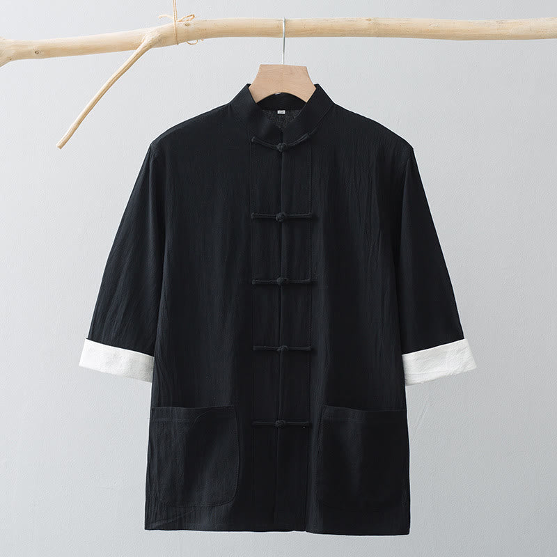 Foviel Frog-Button Chinese Tang Suit Half Sleeve Shirt Cotton Men Clothing With Pockets