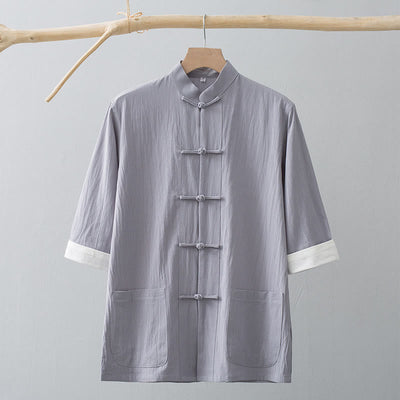 Foviel Frog-Button Chinese Tang Suit Half Sleeve Shirt Cotton Men Clothing With Pockets
