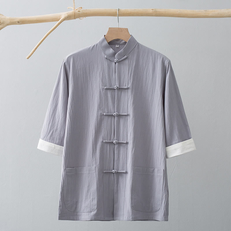 Foviel Frog-Button Chinese Tang Suit Half Sleeve Shirt Cotton Men Clothing With Pockets
