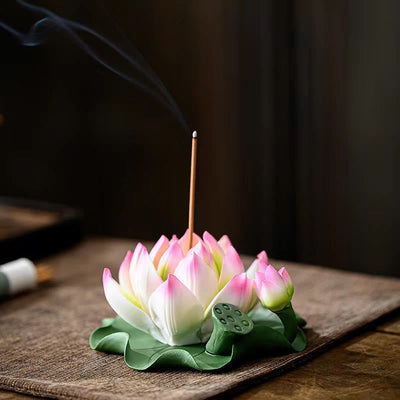 Buddha Stones Lotus Flower Leaf Pod Spiritual Healing Ceramic Stick Incense Burner Decoration - Lotus Pink Edge 10.5*4.7cm - image 0