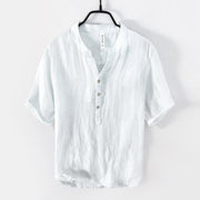 Foviel Solid Color Short Sleeve Half Button Shirt Cotton Linen Men Clothing