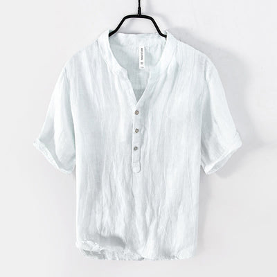 Buddha Stones Solid Color Short Sleeve Half Button Shirt Cotton Linen Men Clothing - Short Sleeve - White - US/UK/AU50，EU60 (5XL) - image 12