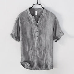 Buddha Stones Solid Color Short Sleeve Half Button Shirt Cotton Linen Men Clothing - Short Sleeve - Gray - US/UK/AU50，EU60 (5XL) - image 0