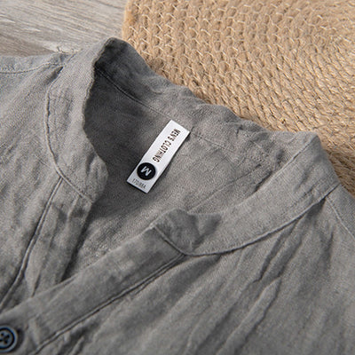 Buddha Stones Solid Color Short Sleeve Half Button Shirt Cotton Linen Men Clothing - image 3