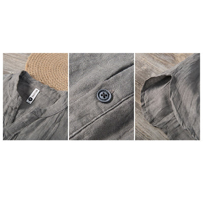 Buddha Stones Solid Color Short Sleeve Half Button Shirt Cotton Linen Men Clothing - image 11
