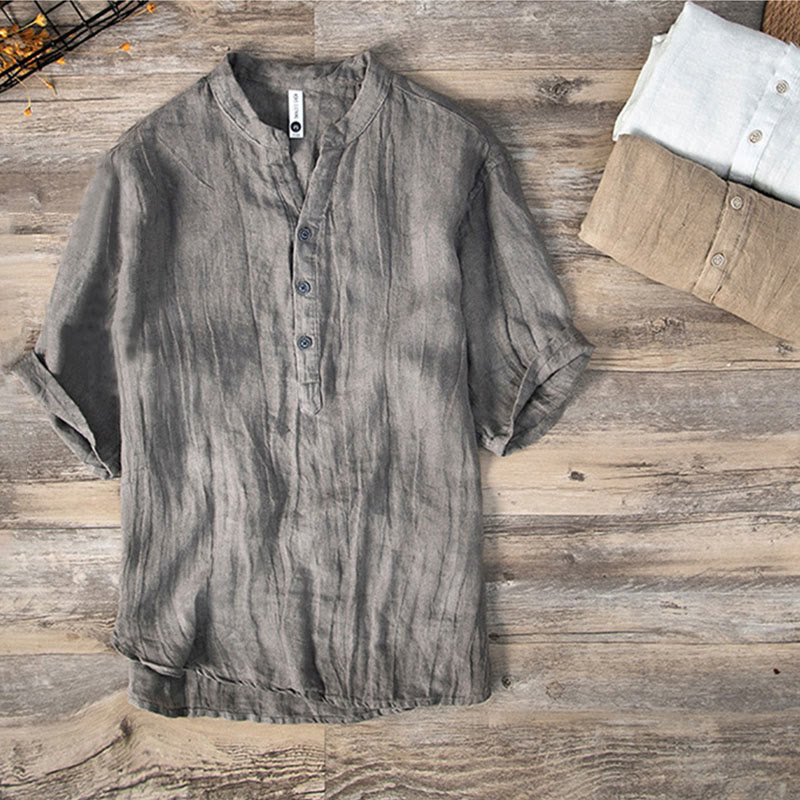 Buddha Stones Solid Color Short Sleeve Half Button Shirt Cotton Linen Men Clothing - image 2
