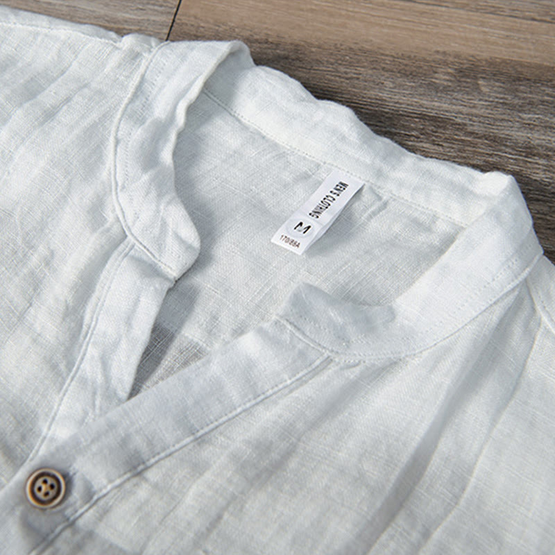 Buddha Stones Solid Color Long Sleeve Half Button Shirt Cotton Linen Men Clothing - image 12