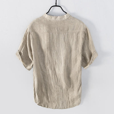 Buddha Stones Solid Color Short Sleeve Half Button Shirt Cotton Linen Men Clothing - image 18