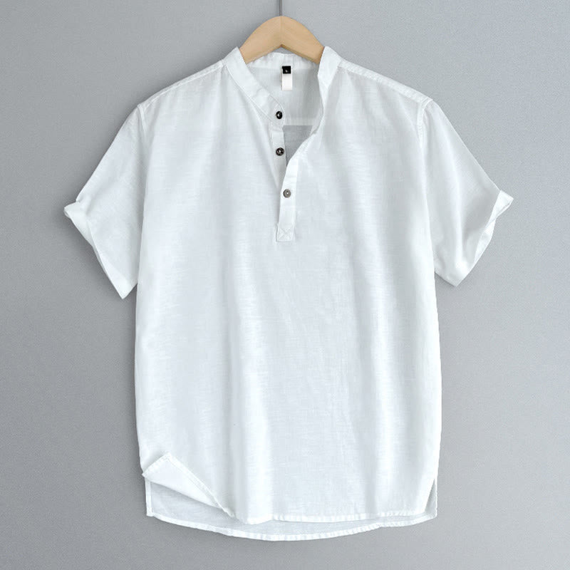 Buddha Stones Solid Color Men Short Sleeve Button Linen Shirt - image 19