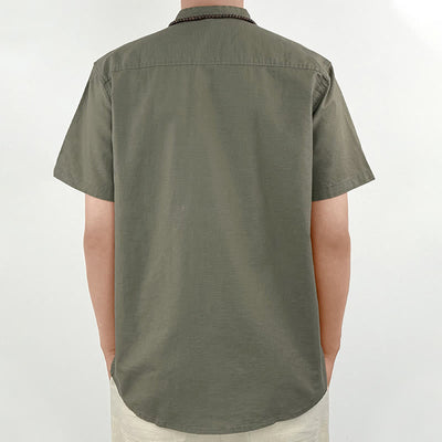 Buddha Stones Solid Color Men Short Sleeve Button Linen Shirt - image 3