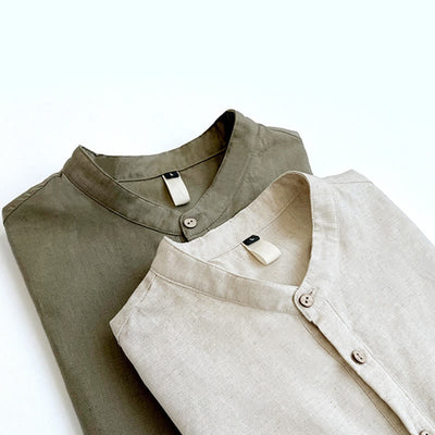 Buddha Stones Solid Color Men Short Sleeve Button Linen Shirt - image 1