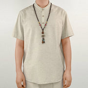 Foviel Solid Color Men Short Sleeve Button Linen Shirt