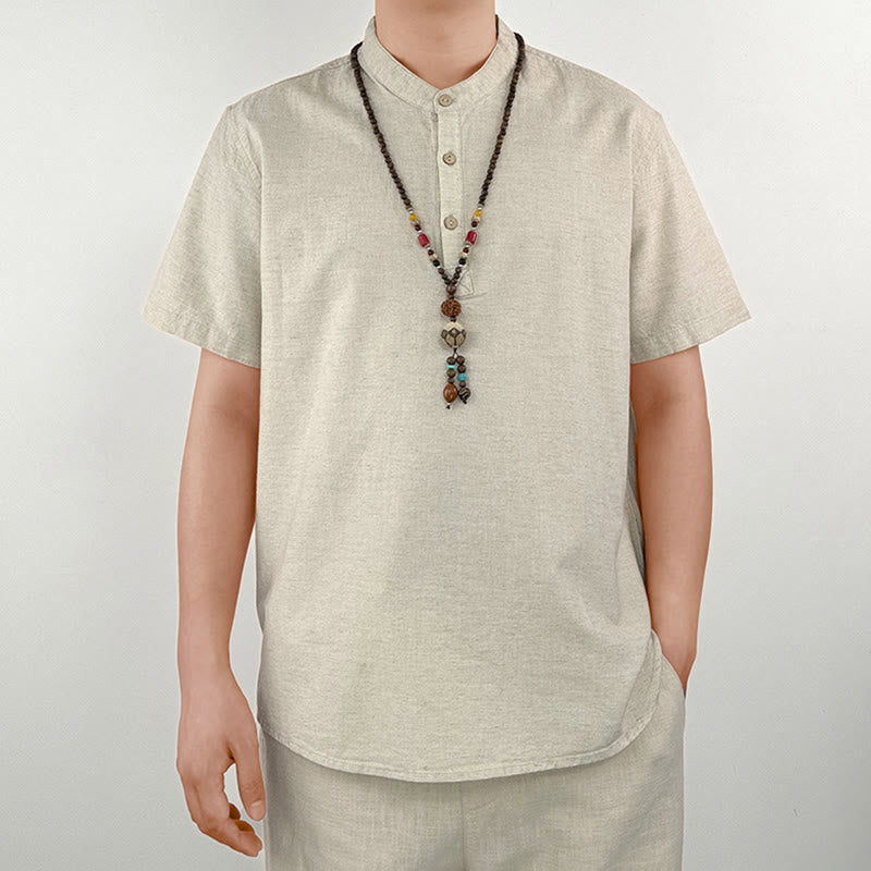 Buddha Stones Solid Color Men Short Sleeve Button Linen Shirt - image 10