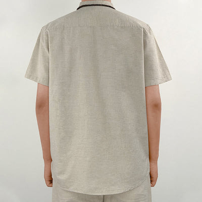 Buddha Stones Solid Color Men Short Sleeve Button Linen Shirt - image 9