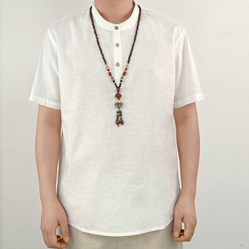 Buddha Stones Solid Color Men Short Sleeve Button Linen Shirt - image 18