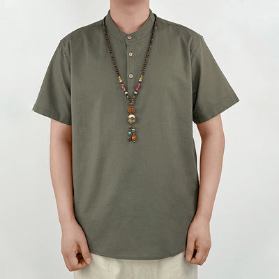 Buddha Stones Solid Color Men Short Sleeve Button Linen Shirt - image 2
