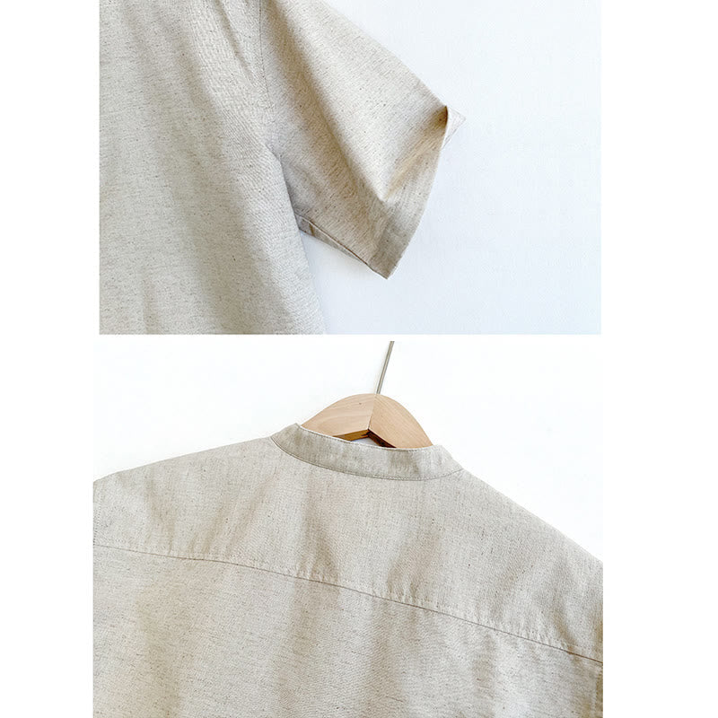 Buddha Stones Solid Color Men Short Sleeve Button Linen Shirt - image 13