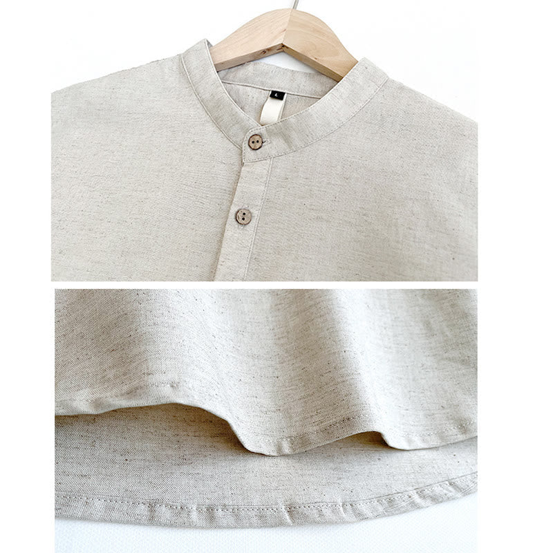 Buddha Stones Solid Color Men Short Sleeve Button Linen Shirt - image 12