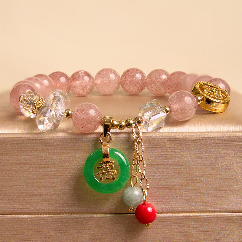 Foviel Strawberry Quartz Jade Fu Character Charm Healing Bracelet