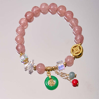 Foviel Strawberry Quartz Jade Fu Character Charm Healing Bracelet