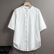 Foviel Frog-Button Plain Chinese Tang Suit Short Sleeve Shirt Cotton Linen Men Clothing