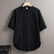 Foviel Frog-Button Plain Chinese Tang Suit Short Sleeve Shirt Cotton Linen Men Clothing