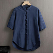 Foviel Frog-Button Plain Chinese Tang Suit Short Sleeve Shirt Cotton Linen Men Clothing