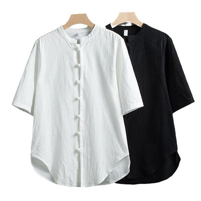 Buddha Stones Frog-Button Plain Chinese Tang Suit Short Sleeve Shirt Cotton Linen Men Clothing - image 7
