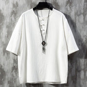 Foviel Frog-Button Plain Color Chinese Tang Suit Half Sleeve Shirt Men Clothing