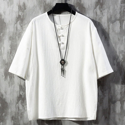Chemise Tang chinoise à demi-manches pour hommes Foviel, couleur unie, avec boutons brandebourgs
